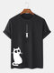 Mens 100% Cotton Cartoon Cat Printed Casual Short Sleeve T-shirts - Black
