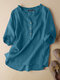 Women Plain Frill Neck Half Button Cotton 3/4 Sleeve Blouse - Blue