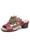 SOCOFY Leather Floral Open Toe Fish Mouth Mid Heel Slipper Sandals Women's Shoes - Red
