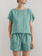 Solid Elastic Waist Pocket Short Sleeve Cotton Casual Suit - Green
