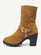 New Trendy Sweet Lamb Wool Zipper Square Heel Short-Calf Winter Boots For Women - Brown