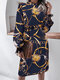 Chain Print Long Sleeve Stand Collar Dress With Belt - Navy