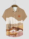 قمصان رجالي بأكمام قصيرة مطبوعة بمناظر الصحراء من الصبار - الكاكي