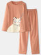 Women Cartoon Cat Solid Color Elastic Waist Loose Pants Home Pajamas Set - Pink