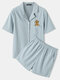 Women Cute Dog Waffles Texture Revere Collar Single Pocket Mid Length Pajamas Sets - Blue