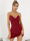 Solid Backless Pearl Strap Deep V-neck Mini Sexy Dress - Wine Red