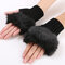 Women Winter Warm Knitted Thicken Fingerless Gloves Artificial Rabbit Hair Half Finger Sleeve - Black