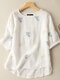 Leisure Embroidered Ruched Round Neck Short Sleeve Cotton Blouse - White