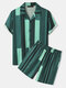 Mens Block Striped Revere Collar Preppy Two Pieces Outfits - Green