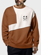 Mens Smile Face Print Contrast Patchwork Crew Neck Pullover Sweatshirts - Brown