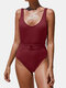 Women Belted One Piece Rib Solid Wide Straps Backless Sexy Swimwear - Wine Red