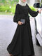 Solid Color Pleated Waistband Long Sleeve Casual Muslim Dress for Women - Black