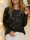 Leo Print Stars Moon O-neck Long Sleeve Casual T-Shirt For Women - Black
