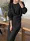 Solid Pleated Long Sleeve Crew Neck Casual Dress For Women - Black