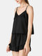 Women Loungewear Short Set Smooth Flounce Spaghetti Straps V-Neck Soft Pajamas - Black