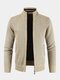 Mens Ribbed Knit Zip Front Stand Collar Cotton Solid Slant Pocket Cardigans - Beige