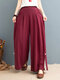 Solid Color Elastic Waist Wide Leg Pant With Pocket - Wine Red
