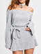 Solid Color Off-shoulder Tie Waist Long Sleeve Mini Dress For Women - Grey