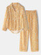 Women Plaid Daisy Print Lapel Loose Pants Two-Piece Home Lounge Pajamas Set - Yellow