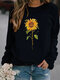 Flower Print Long Sleeve O-neck Casual Sweatshirt For Women - Black