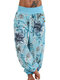 Floral Print Patchwork Elastic Waist Casual Harem Pants For Women - Sky Blue