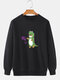 Mens Cartoon Dinosaur Cat Print Crew Neck Pullover Sweatshirts - Black