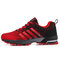 Men Knitted Fabric Breathable Side Stripe Lace-up Running Shoes - Black Red