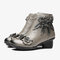 SOCOFY Retro Genuine Leather Stitching Solid Color Handmade Flowers Soft Low Heel Short Boots - Grey