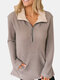 Solid Color Zip Front Pocket Casual Sweater For Women - Khaki