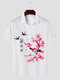Mens Cherry Blossoms & Bird Print Button Up Short Sleeve Shirts - White
