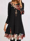 Button Floral Print Patchwork Long Sleeve Casual Dress For Women - Black