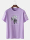 Mens Floral Japanese Character Print Loose 100% Cotton Short Sleeve T-Shirts - Purple