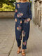 Vintage Flower Print Knotted Two-piece Set Suit - Navy