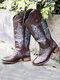Large Size Women Colorblock Splicing Comfy Wearable Mid-calf Cowboy Boots - Brown