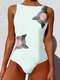 Plus Size Women Cute Cat Print High Neck Sleeveless One Piece Slimming Swimsuit - White1