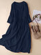 Women Solid Half Button Cotton Casual 3/4 Sleeve Dress - Navy