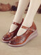 SOCOFY Zapatillas de cuña con plataforma transpirable y punta redonda de cuero - marrón