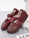 Sandálias casuais de couro floral com bico redondo recorte SOCOFY costuradas à mão - Vermelho