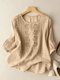 Women Floral Embroidered Crew Neck Cotton 3/4 Sleeve Blouse - Apricot
