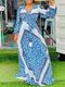 Tribal Pattern Belt V-neck Long Sleeve Swing Maxi Dress - Blue