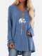 Flower Printed Long Sleeve V-neck T-shirt For Women - Blue