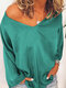 Casual Solid Color Long Sleeve V-neck Plus Size T-shirt - Green