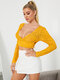 Solid Long Sleeve Backless Lace Hollow Out Crop Top For Women - Yellow