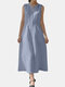 Lace Patch Round V-neck Pocket Sleeveles Cotton Dress With Belt - Blue