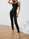 Solid Color O-Neck Strap Sleeveless Backless Bodycon Sport Sexy Jumpsuit - Black
