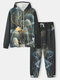 Mens All Over Plant Landscape Print Drawstring Hoodies Two Pieces Outfits - Black