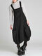 Vintage Straps Einfarbiges lockeres Kleid mit Taschen - Schwarz