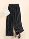 Solid Color Ribbed Elastic Waist Wide Leg Lounge Pants For Women - Black