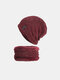 Men Knitted Plus Velvet Horizontal Vertical Striped Pattern Casual Outdoor Windproof Warmth Beanie Hat Scarf Set - Wine Red