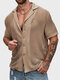 Camisas informales de manga corta con cuello reverenciado y textura sólida para hombre - Caqui